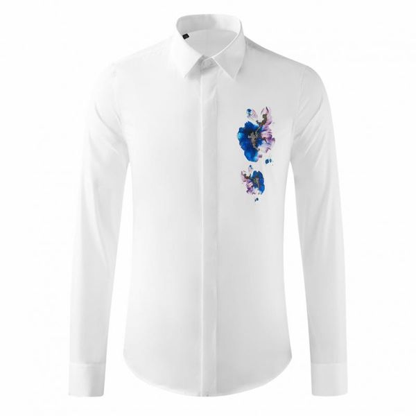 Novo algodão branco camisas de luxo luxo manga comprida impresso negócios casual homens vestido camisas slim fit partido smoking homem camisas 4xl