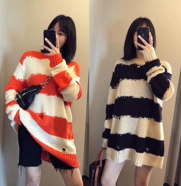 

sweater 2021 women's autumn wide stripe contrast color hole mohair round neck long sleeve knitted gpct, White;black