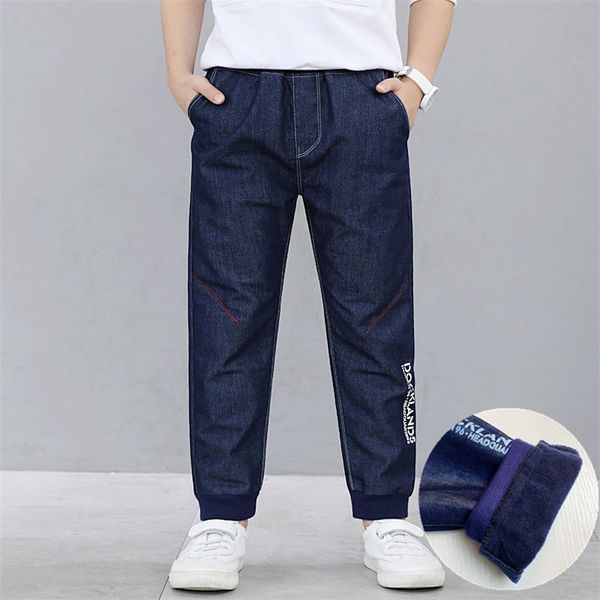

fashion winter boys pants warm denim trousers for teenage boy velvet jeans letter print loose add wool children clothing 10 12y 210622, Blue