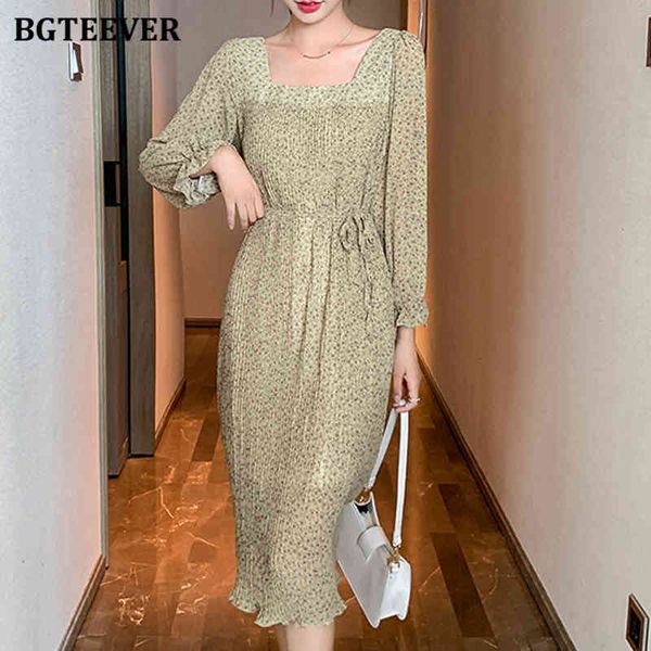

dresses stylish long sleeve women floral print square collar a-line lace-up female midi dress chiffon vestidos 1hav, Black;gray