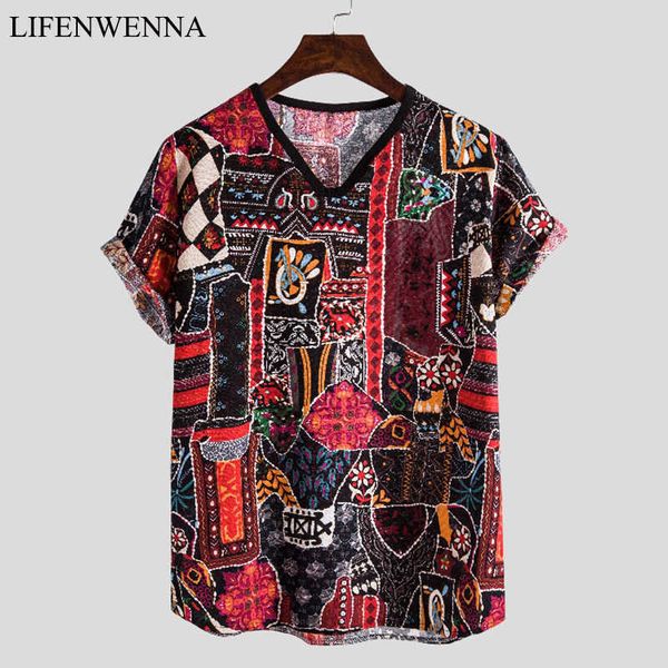 

summer hawaii men's t shirt fashion print short sleeve t shirts casual mens linen t-shirt plus size male v neck beach tees 210528, White;black