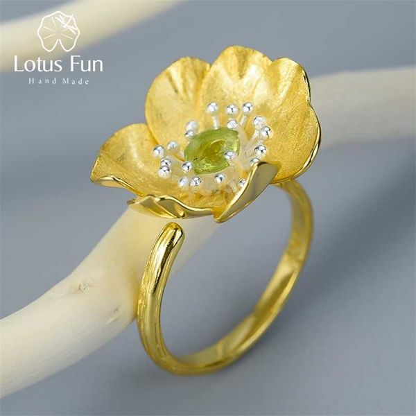 

lotus fun real 925 sterling silver natural stone handmade designer fine jewelry blooming anemone flower rings for women bijoux 211217, Slivery;golden