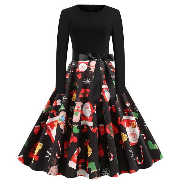 

casual dresses winter santa christmas dress women long sleeve xmas swing vintage elegant print year midi party robe femme, Black;gray