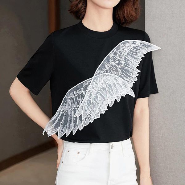 

women's t-shirt chic wing patchwork t-shirts women summer short sleeve loose casual female black o-neck basic, White