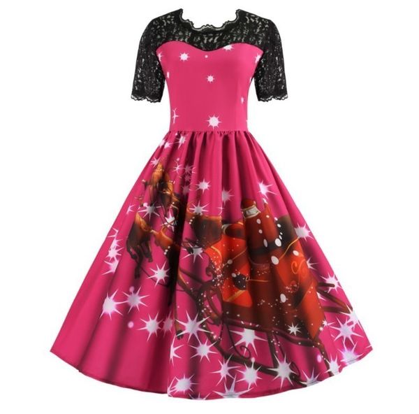 

short hepburn casual dresses sleeve christmas print dress, Black;gray