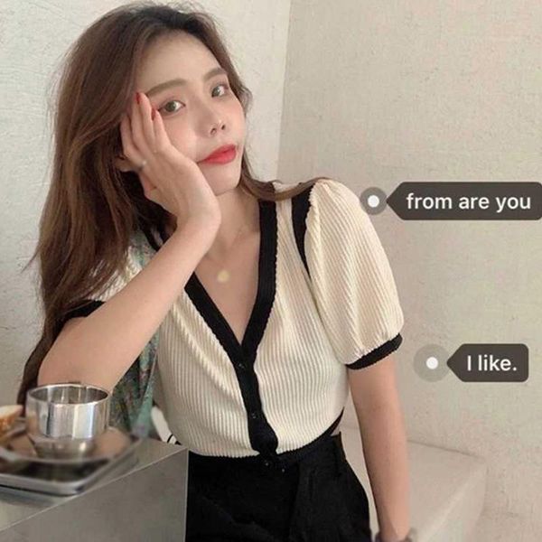

women's t-shirt summer french fashion v-neck contrast short knitted bubble sleeve casual cardigan top, White