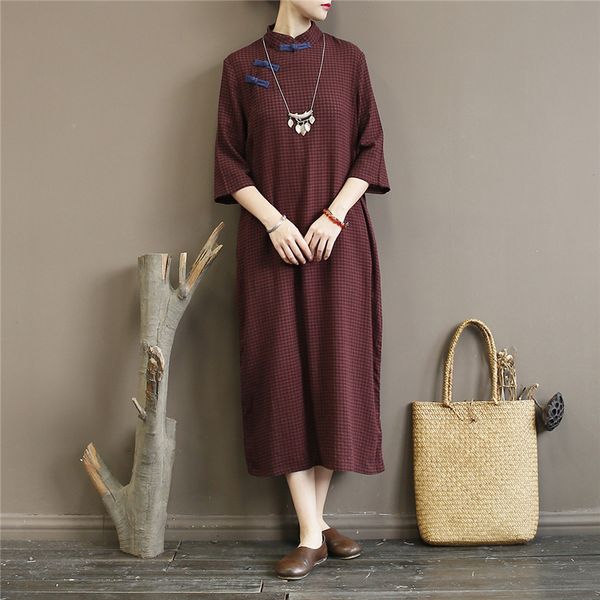 

johnature women stand plaid dresses cotton cheongsam vintage spring button a-line chinese style women dresses 210521, Black;gray