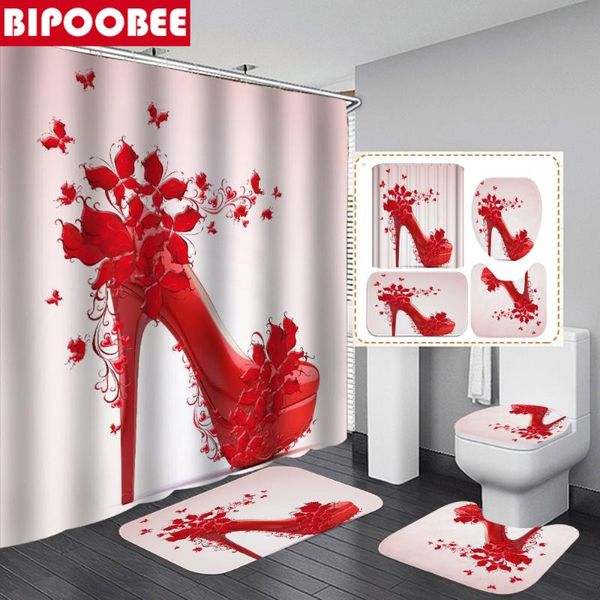 

shower curtains fashion high heels printed curtain set bath mats rugs non-slip carpet waterproof fabric bathroom washroom decor