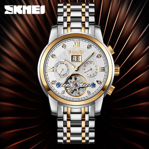

brand automatic watch men's mechanical watches luxury date month display clock stainless steel fashion business wristwatch wristwatches, Slivery;brown