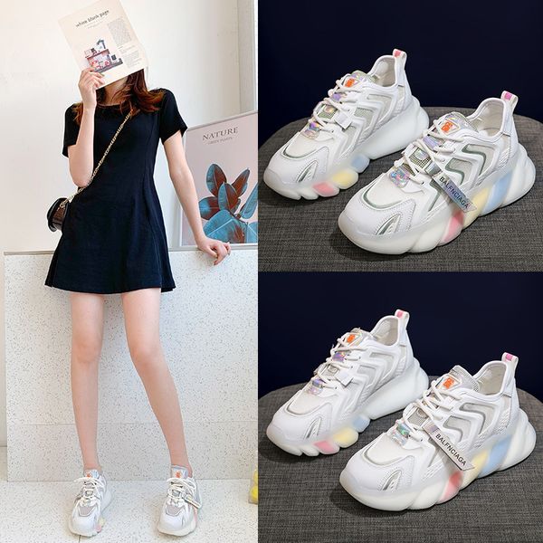 

trendy rainbow dad shoes women 2021 summer breathable ice mesh thick bottom versatile casual sneakers for children, Black;white
