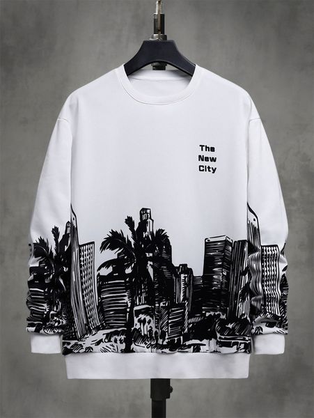 

men letter and building print sweatshirt v0g2#, Black