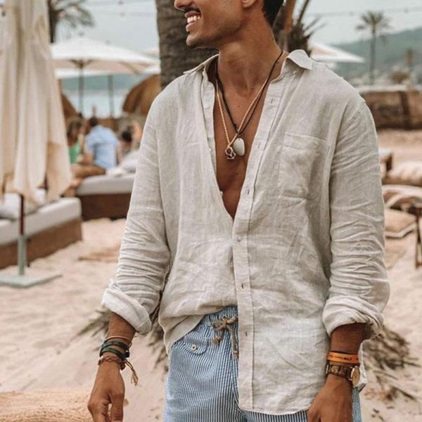 

men's casual shirts lapel linen cotton solid color long-sleeved shirt spring leisure holiday daily loose button clothing top, White;black