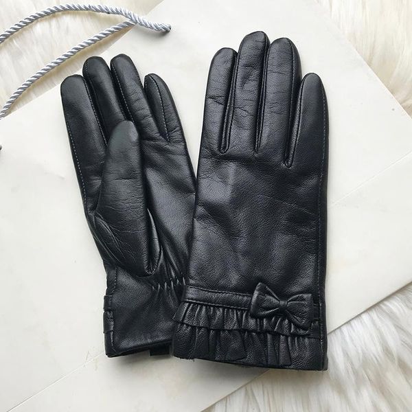 

five fingers gloves selling winter lady butterfly bow soft genuine leather for women black fashion accessory, Blue;gray