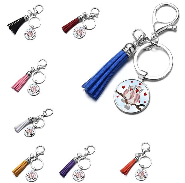 

cartoon owl glass cabochon keychain key ring holders ban hang time gem pendant tassel keychains gift wholesale, Blue