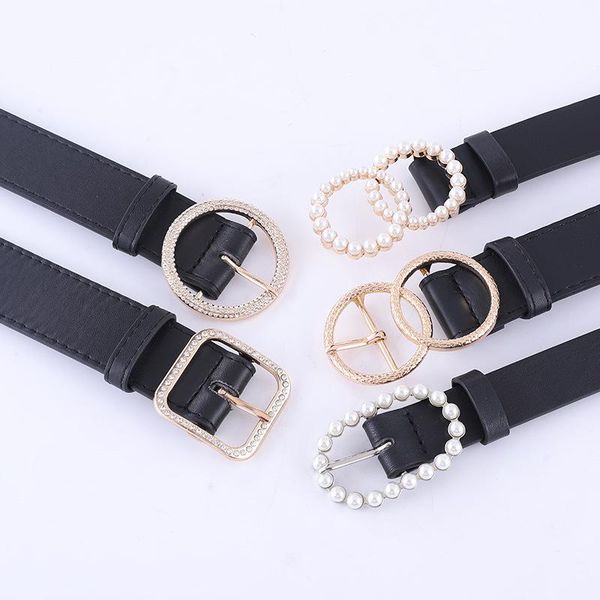 

high-quality fashion creative combination women's black belt with rhinestone pearl buckle high-end ladies accessories belts, Black;brown