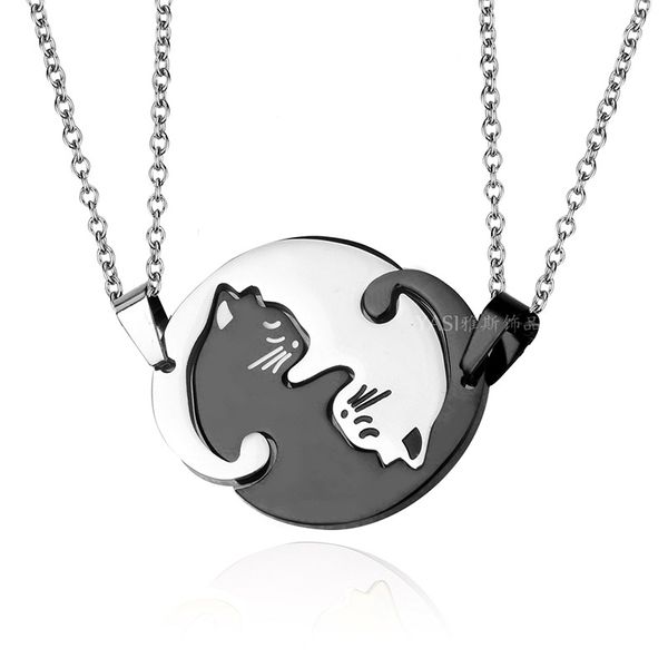 

fashion creative 2 pcs titanium steel couple necklaces black and white kitten hug round splicing pendants, Silver