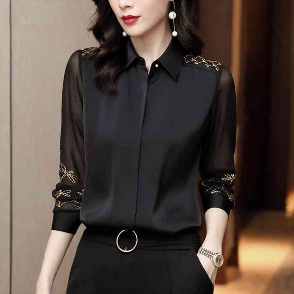 

black embroidered chiffon long sleeve womens shirts spring autumn for blusas ropa de mujer, White