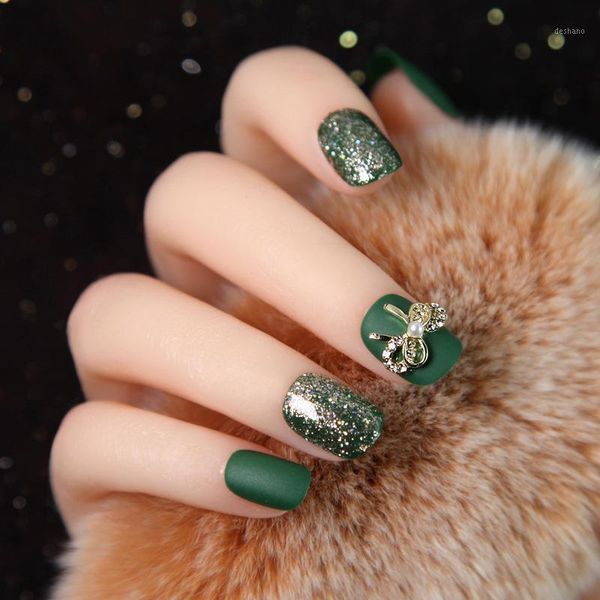 

24pcs emerald frosted short removable false nails manicure patch ti1, Red;gold