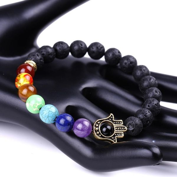 

beaded, strands hamsa hand 7 chakra emperor lava bracelet electroplate fatima yoga healing anxiety men women charm fashion jewellry, Black