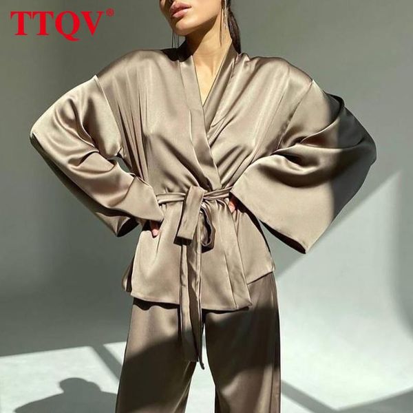 

women's two piece pants pantsqv casual flared sleeves robe satin set woman 2 pieces winter wide trouser suits elegant high waist female, White