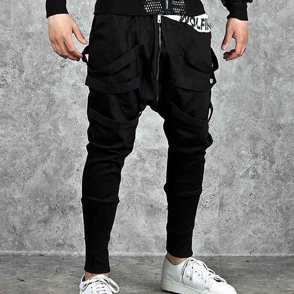 

men's pants fashion active harem black elastic waist low crotch dance hip hop streetwear ribbon track sweatpants trous