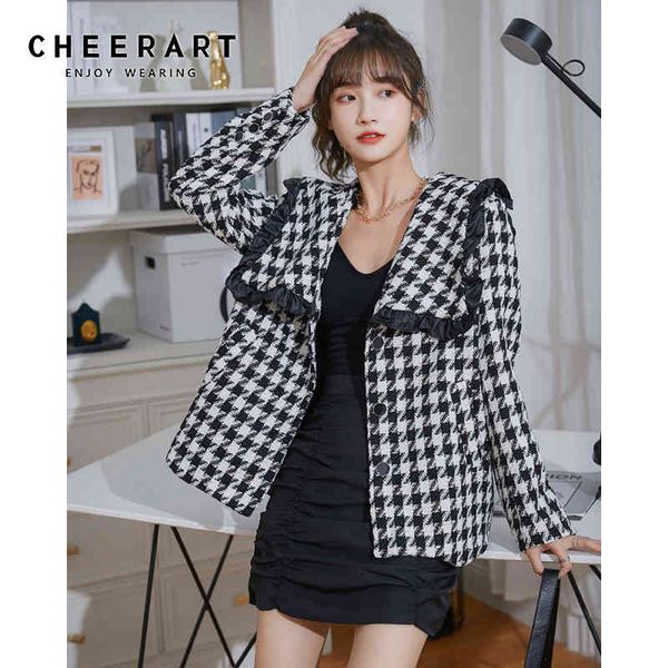 Hahnentritt Wollmantel Frauen Koreanische Mode Tweed Jacke Lose Rüschen Großen Kragen Damen Winter 210427