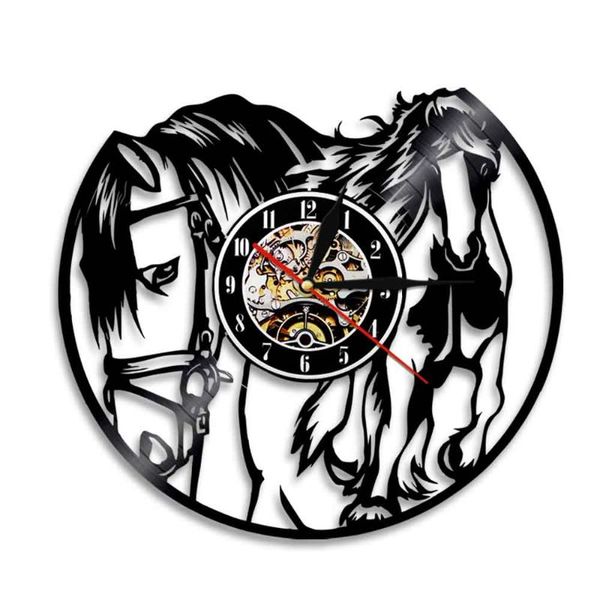 

wall clocks galloping horses cd record clock mustang wild horse in the wind hanging watches decor horseman gift