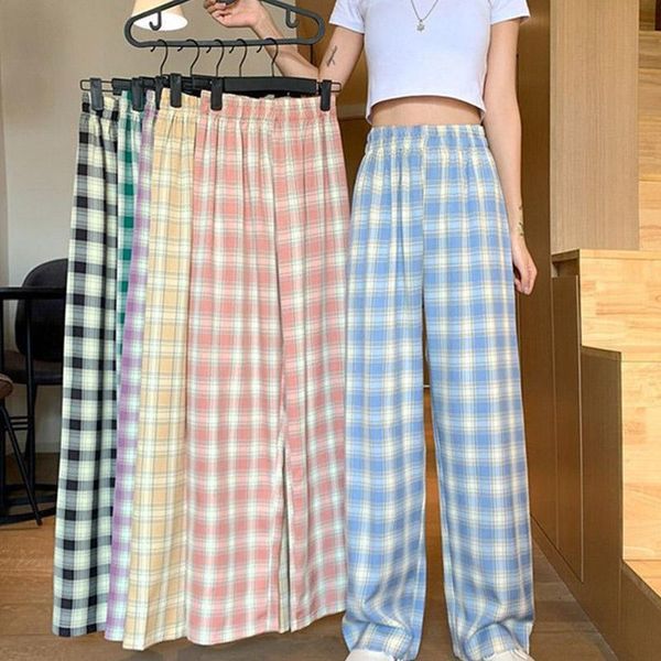 

women's pants & capris fashion women summer retro check casual long straight wide leg simple elastic waist female trousers, Black;white