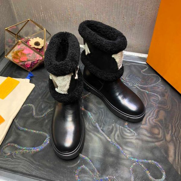 

women snowdrop flat ankle boots fashion wool printed rubber sole martin booted r ladies winter snow boot shoes with box size, Black