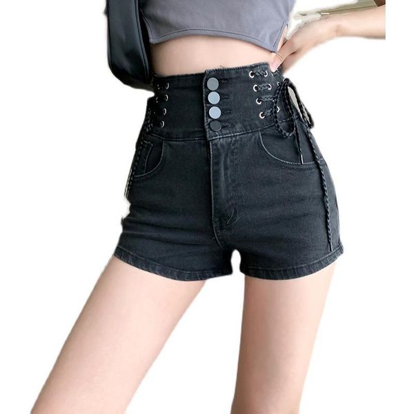

women's shorts 2021 summer high waist tethered denim with hollow back stretch pants waisted jeans women sexy, White;black
