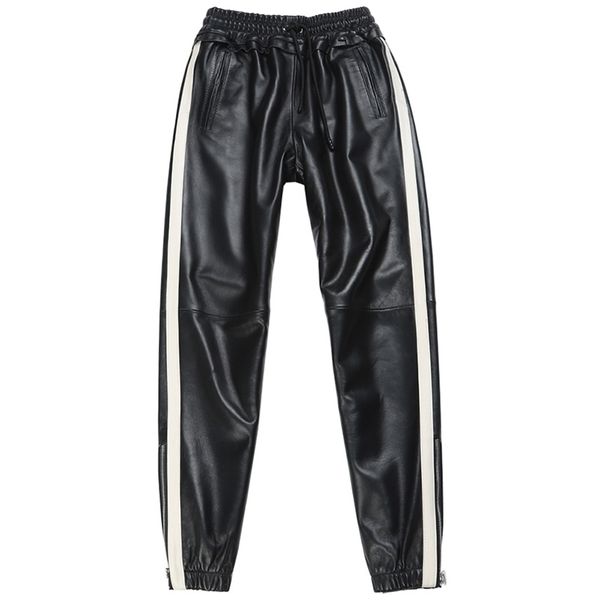 Echtlederhose, gestreifte Nähte, elastischer Bund, echtes Schafsleder, dünn, mit Taschen, F2158 211115