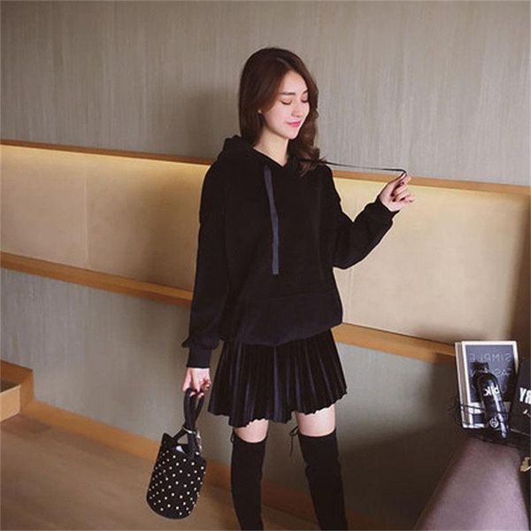 

women's hoodies & sweatshirts oversize velvet with mini skirt 2 pics for one set woman solid warm pullover loose big pocket hooded, Black