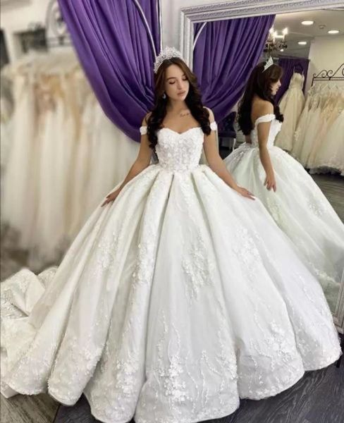 

gorgeous 3d floral applique ball gown wedding dresses off the shoulder straps corset back tulle sweep train custom made plus size castel bea, White