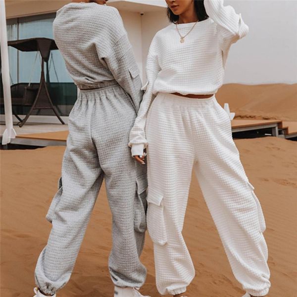 

women's two piece pants autumn hip hop set woman 2 pieces pockets checkered loose long-sleeve pullovers & trousers suits tracksuit wint, White