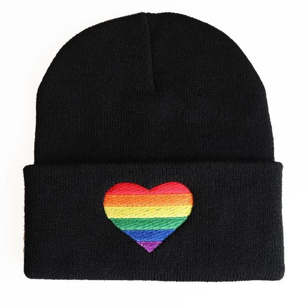 

beanies fashion rainbow love heart embroidery knitted hats for men women winter warm black knit cap skullies christmas gift