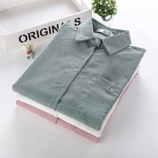 

3 colors spring and autumn loose shirts korean solid blouse long sleeve corduroy blouse outwear coats 210601, White