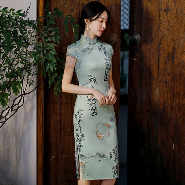 

summer women elegant mandarin collar qipao vintage button trim slim cheongsam exquisite chinese style print tradition dress ethnic clothing, Red