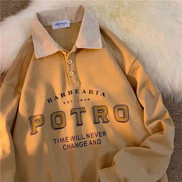 Vintage Polo Kragen Buchstaben Drucken Übergroße Sweatshirt Frauen für Teenager Mädchen Harajuku Frühling Koreanische Kawaii Kleidung Pullover 210909