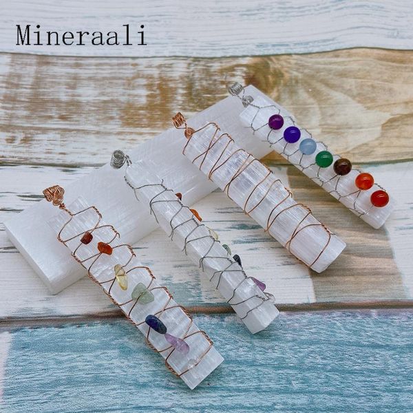 

decorative objects & figurines healing natural selenite 7 chakras stone ornament pendulum crystals gravel round beads gemstone gold sliver w