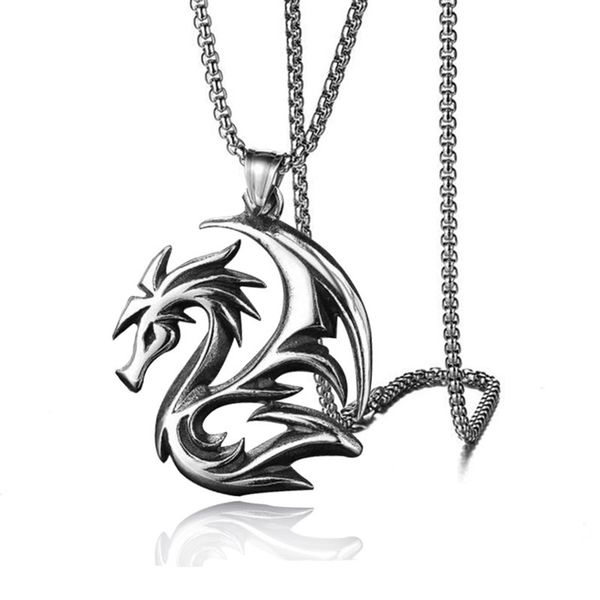 

design jewelry flame dragon domineering men's necklace titanium steel alloy zodiac style old pendant necklace, Silver