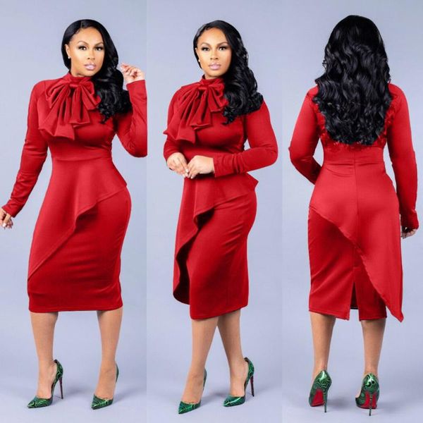 

casual dresses ahvit bow embellished turtleneck office lady dress long sleeve asymmetrical bodycon knee length elegant h1070, Black;gray
