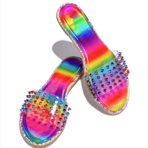 

clear upper rivet decor leopard sequins flat sandals summer women slippers casual slides shoes footwear, Black