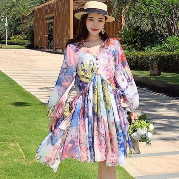 

casual dresses [ewq] korea chic fashion v-neck robe printed pleated chiffon loose long-sleeved midi dress women summer 2021 16e468, Black;gray