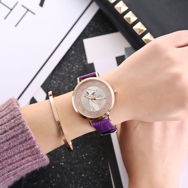 

new women's cartoon cat color changing watch with diamond inlaid digital tree belt, Slivery;brown
