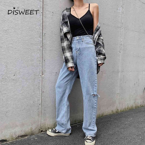

jean fashion high waist ripped straight woman simple loose washed button temperament slim solid jeans women, Blue
