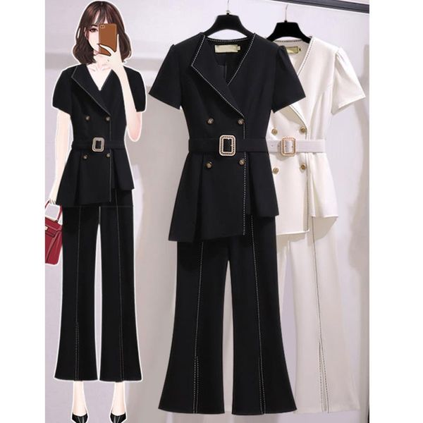 

women's two piece pants 4xl plus size 2021 summer blazer coat set short sleeve double breasted irregular blazers+wide leg suit, White