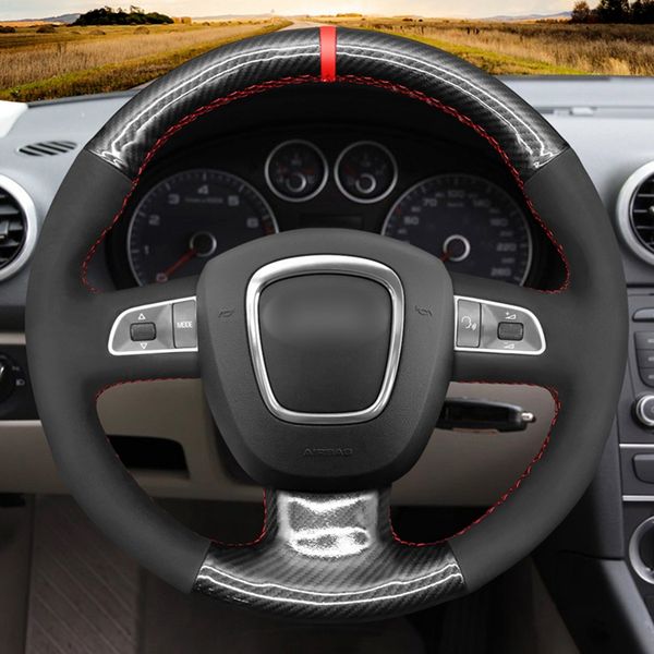 

diy hand-stitched black pu carbon fiber car steering wheel cover for audi a3 8p sportback a4 b8 avant a5 8t a6 c6 a8 d3 q5 8r q7