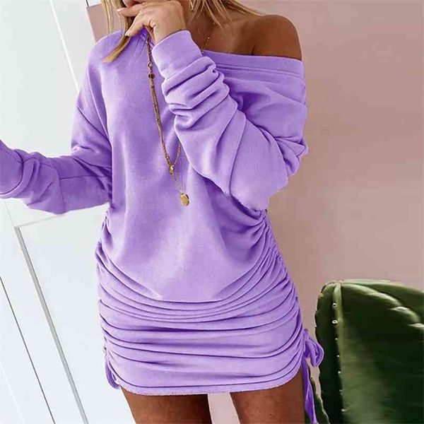 

omsj off-shoulder drawstring solid color casual dresses ladies long sleeve folds pullover sweet girl dress fall winter 210517, Black;gray