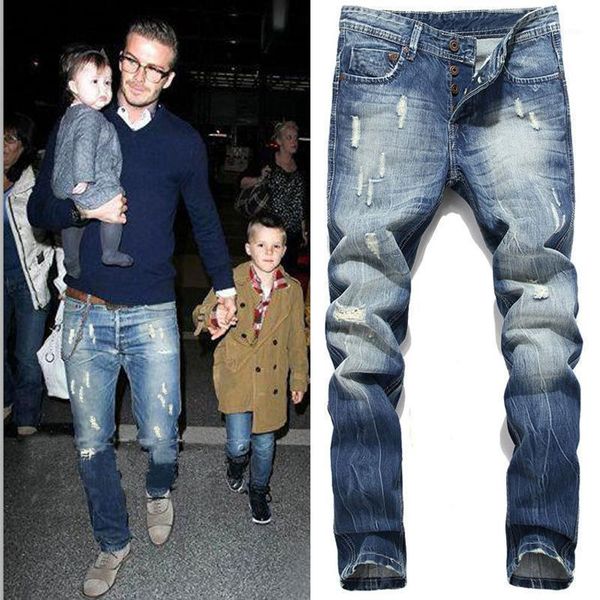 

mens jeans elasticity washed blue ripped pleated straight-leg pants vintage fashion wear men's