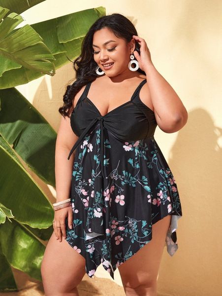 

plus plant print asymmetrical swim dress with bikini bottom u66r#, Black